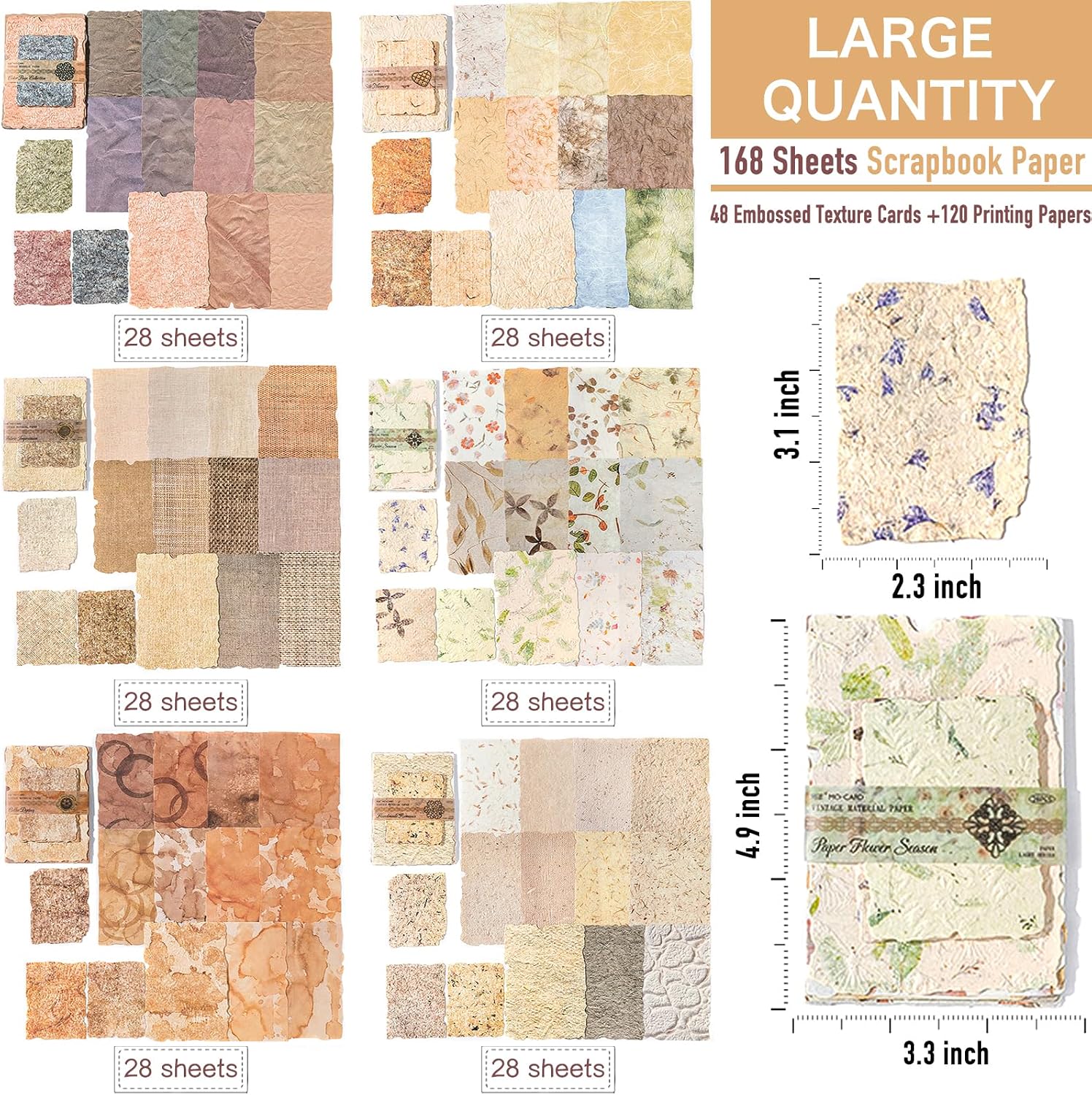 168Pcs Textured Scrapbook Paper Kit - Embossed Rice Decoupage Paper Mixed Media for Scrapbooking Supplies Junk Journaling Cards Making Collage. Vintage 6 Pack DIY Decorative Materials Craft Gifts - Image 3